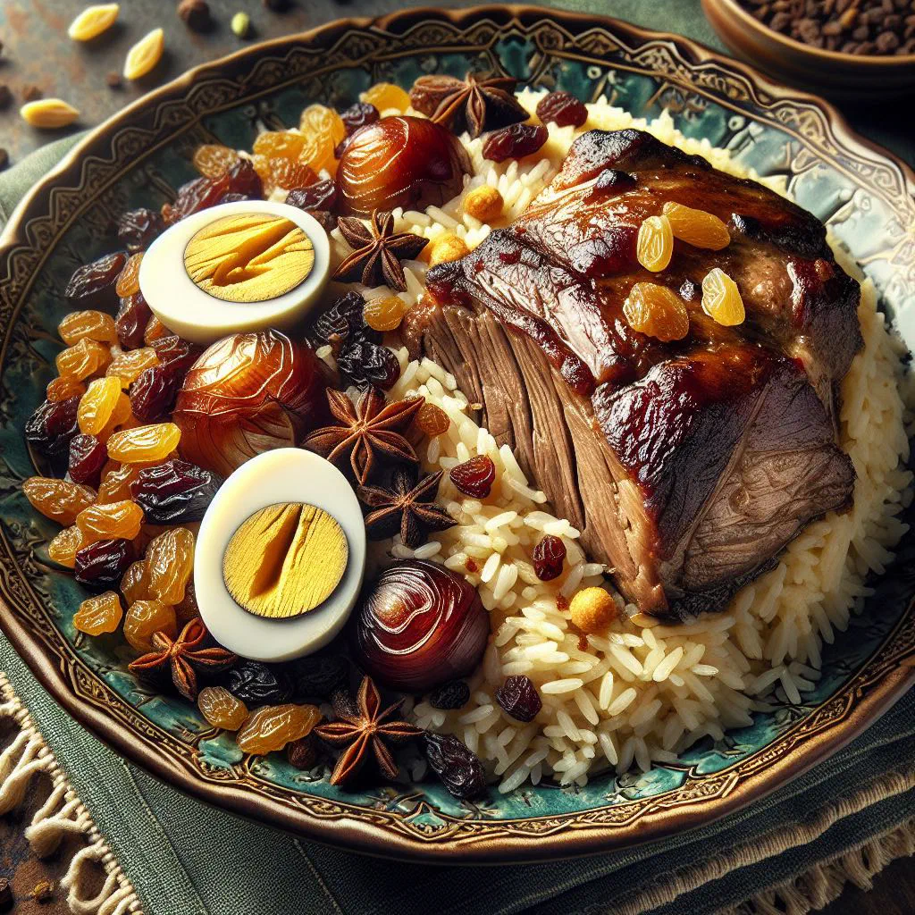 Ruz al Bukhari spiced basmati rice with tender lamb on a serving platter