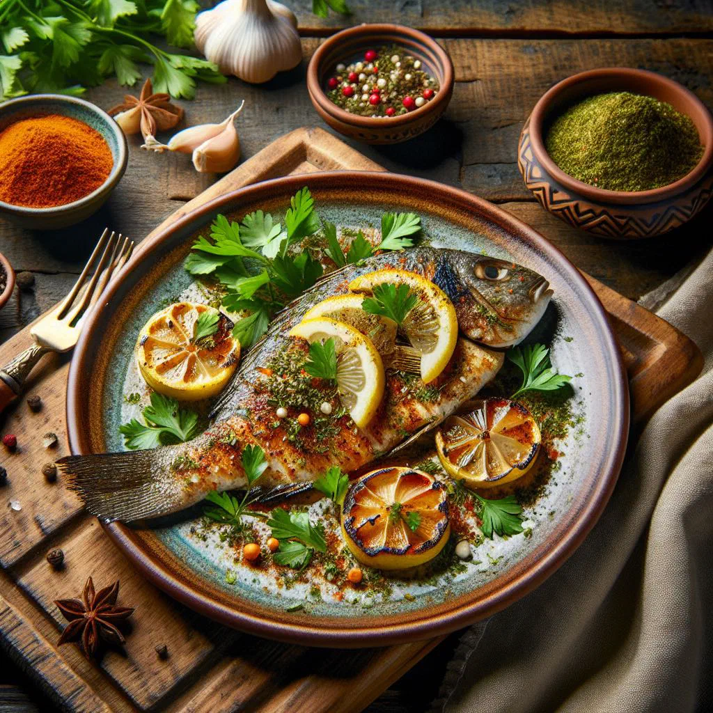 Whole grilled fish rubbed with Arabic spices, garnished with fresh herbs and lemon