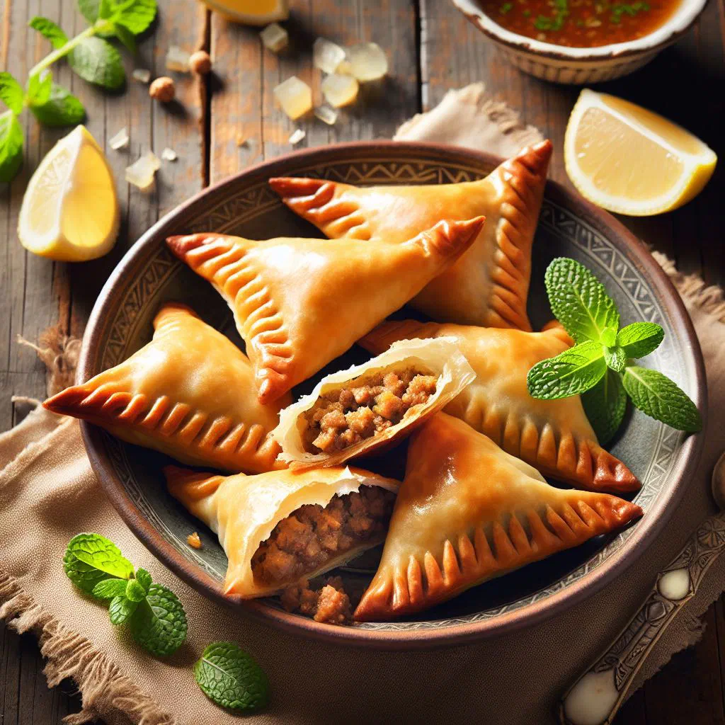 Golden fried sambousek pastries filled with spiced minced meat