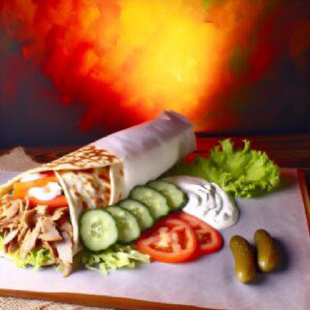 Chicken shawarma wrap filled with spiced meat, fresh vegetables and sauce