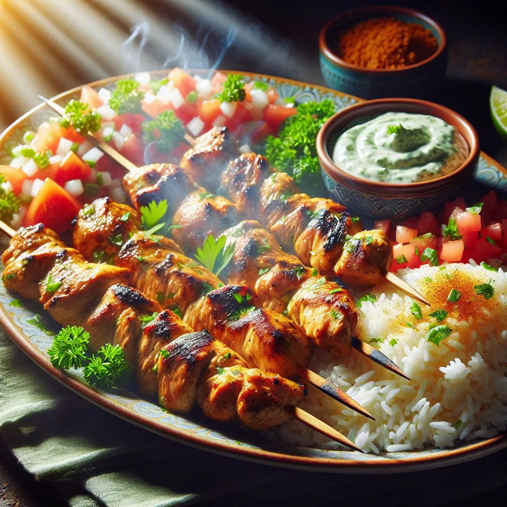 Grilled shish tawook chicken skewers served with flatbread and fresh vegetables