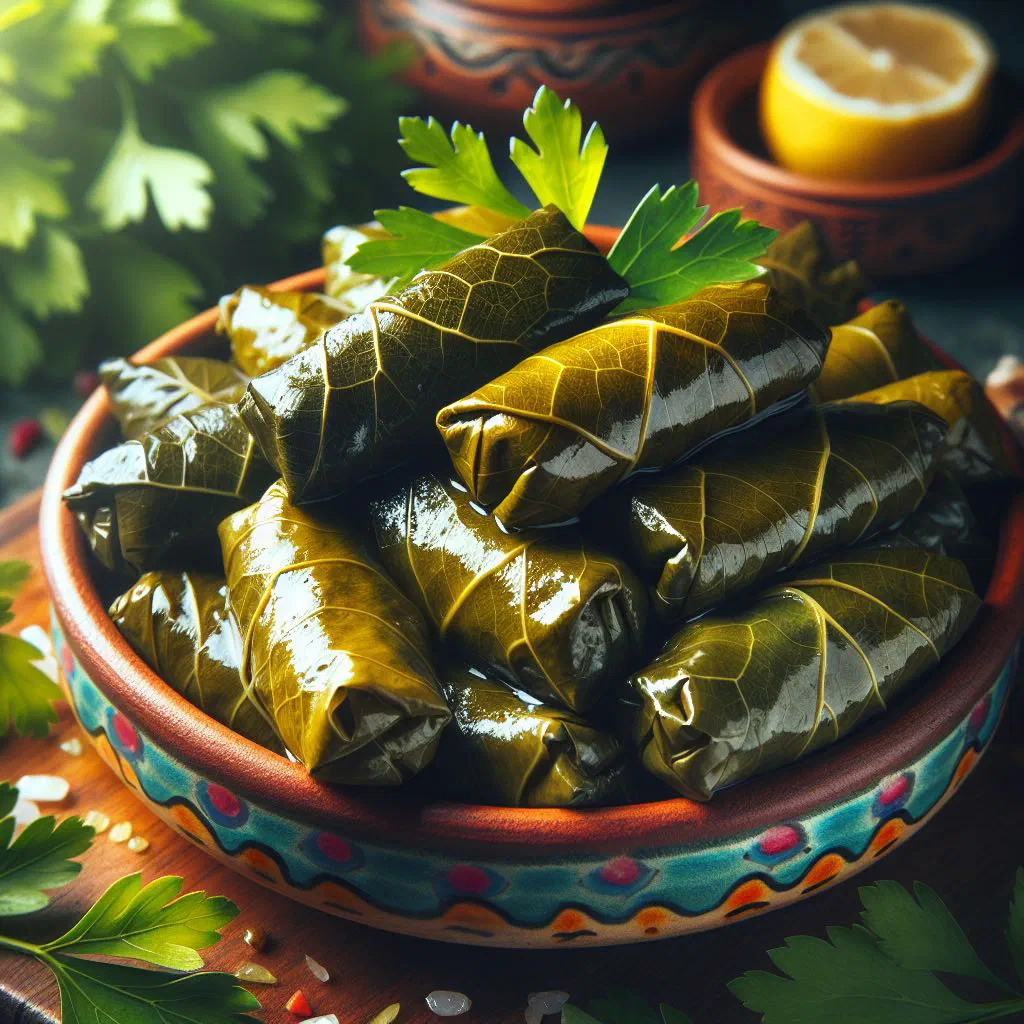 Rolled stuffed vine leaves arranged on a plate with lemon and mint