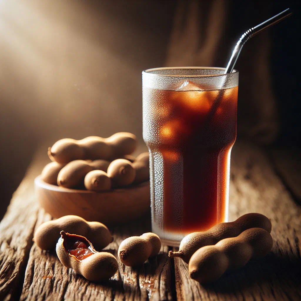 Glass of chilled tamarind juice garnished with fresh mint