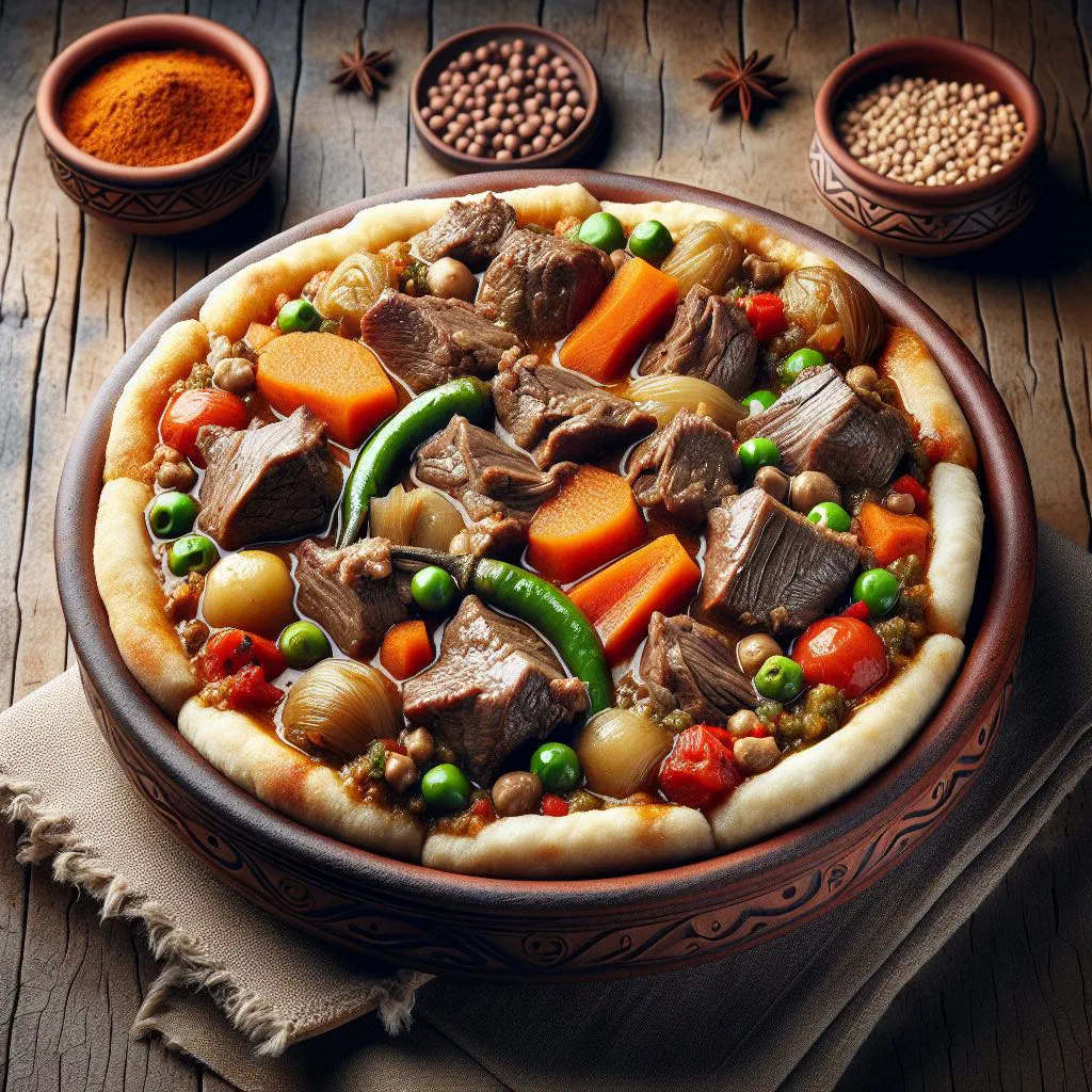 Thareed lahem lamb and vegetable stew served over toasted Arabic flatbread