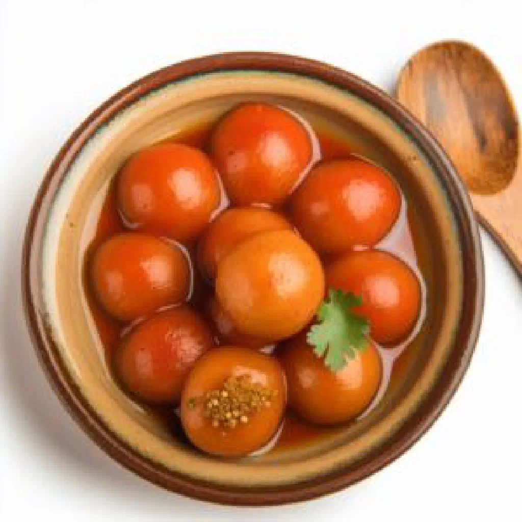 Bowl of smooth Emirati tomato soup garnished with fresh herbs