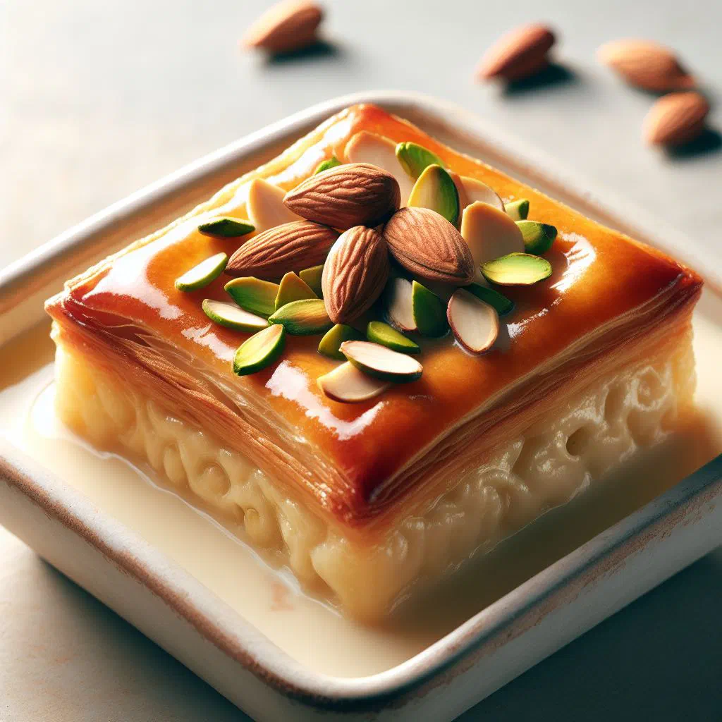 Umm Ali bread pudding baked golden with nuts and raisins in a dish