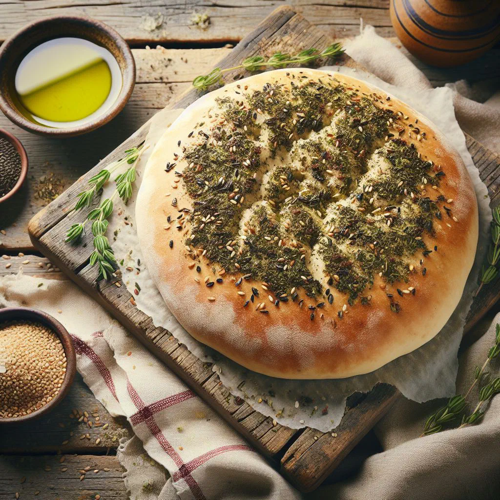 Freshly baked zaatar flatbread topped with herbs and sesame, drizzled with olive oil