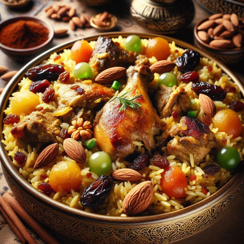 Zabeel Majboos, a spiced Emirati rice dish topped with tender meat and fresh coriander
