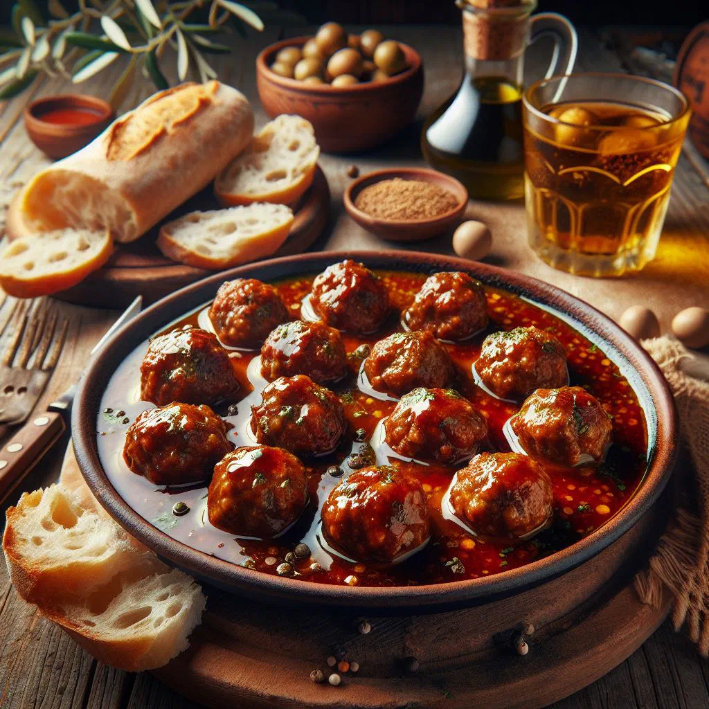 Albóndigas en salsa, juicy meatballs simmered in a rich tomato sauce, garnished with fresh herbs