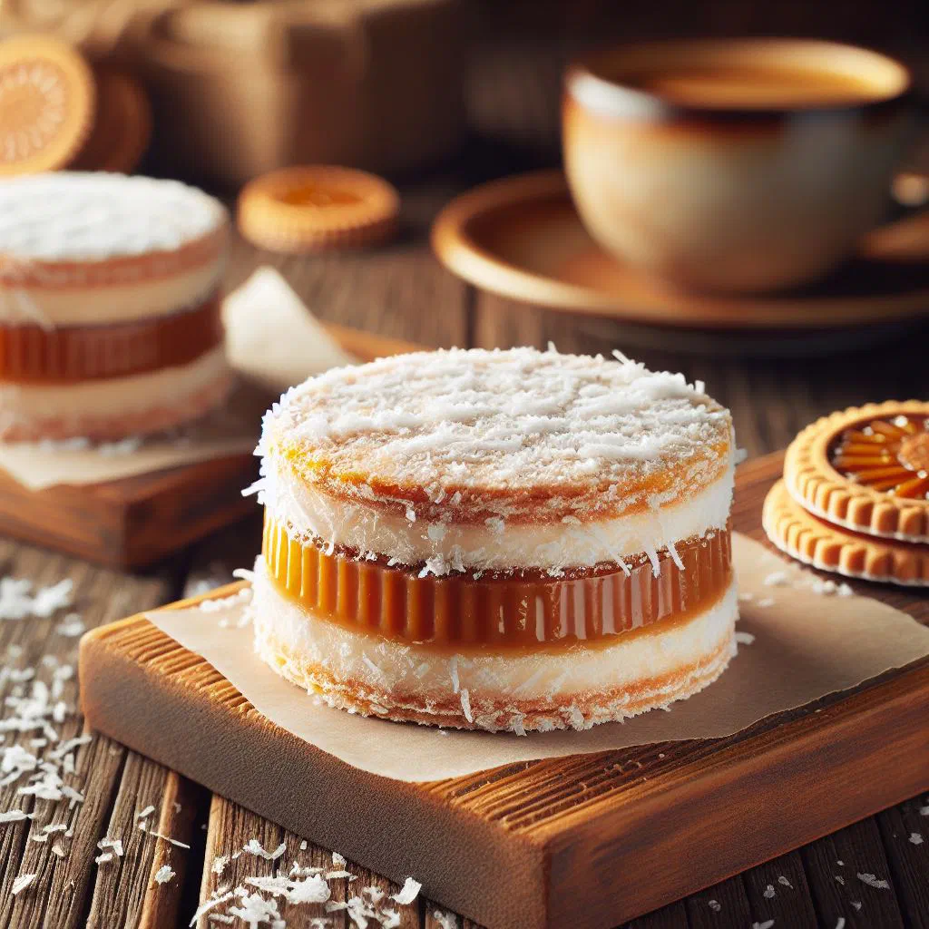 Two cornflour alfajores filled with dulce de leche and rolled in coconut
