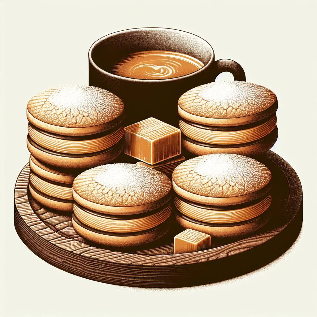 Alfajores de maicena filled with dulce de leche and rolled in coconut