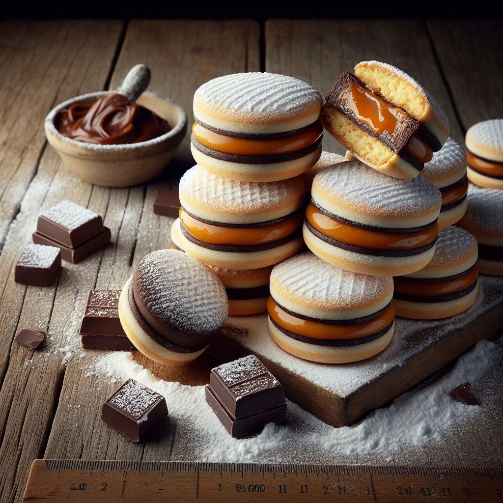 Alfajores filled with dulce de leche and rolled in desiccated coconut