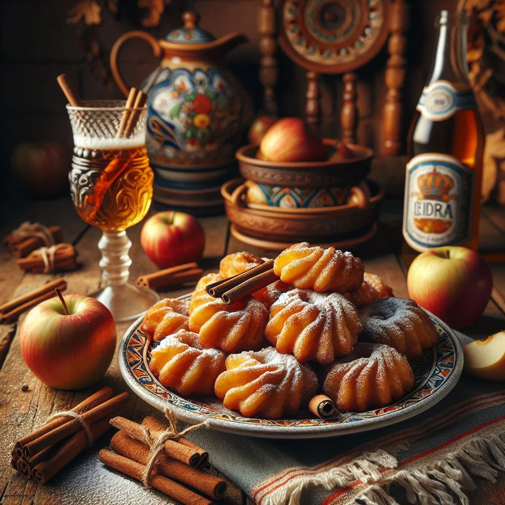 Golden apple fritters dusted with cinnamon sugar on a plate