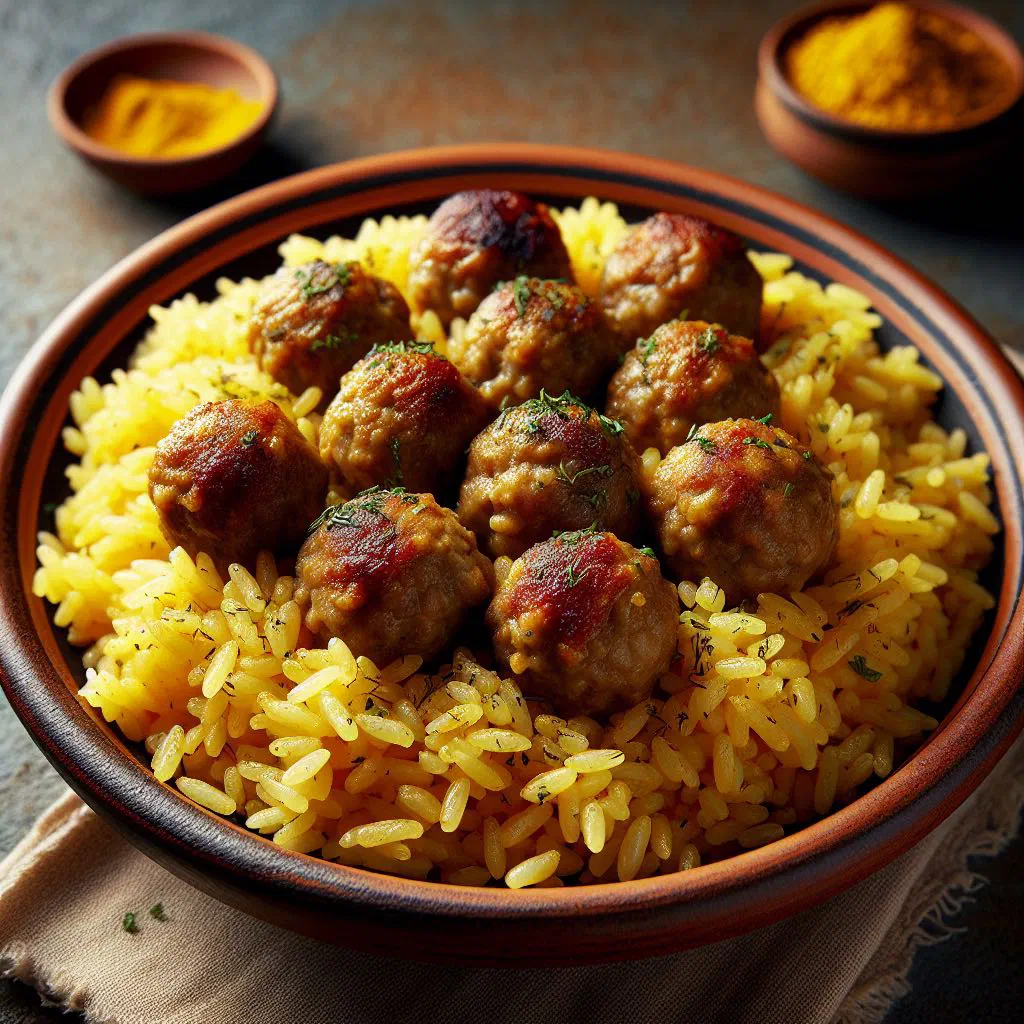 Tender meatballs in tomato sauce served over a bed of rice