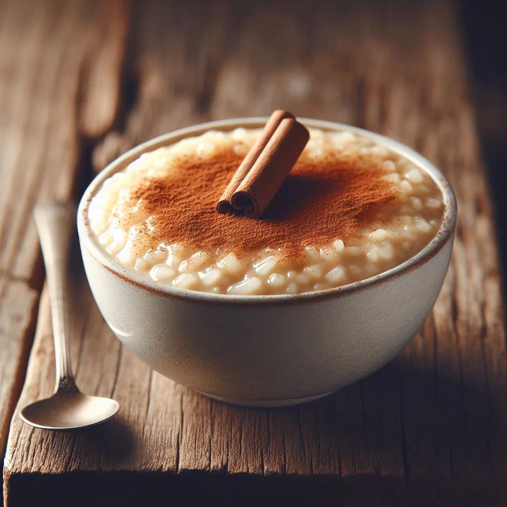 Creamy arroz con leche dusted with cinnamon in a small bowl