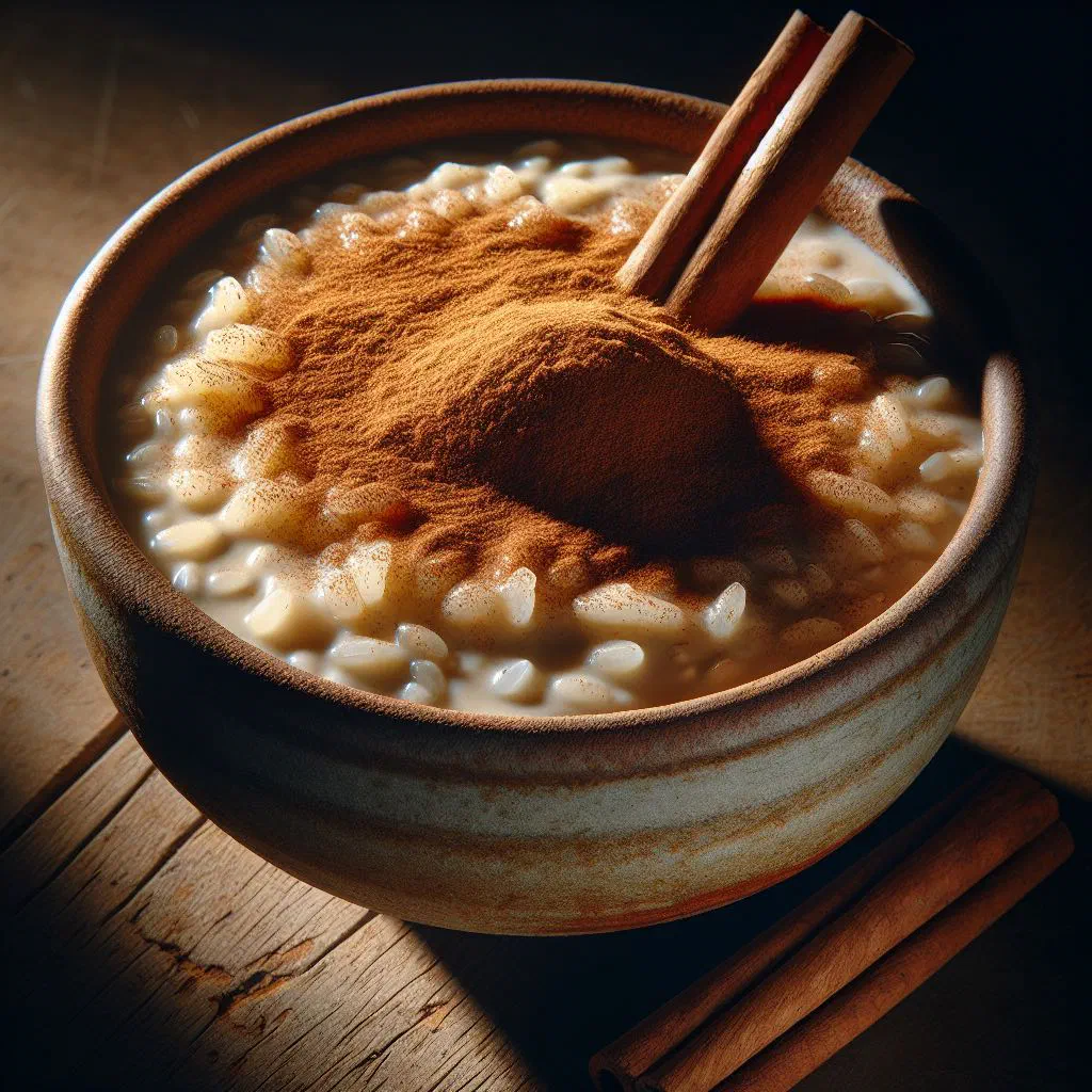 Creamy Uruguayan rice pudding dusted with ground cinnamon