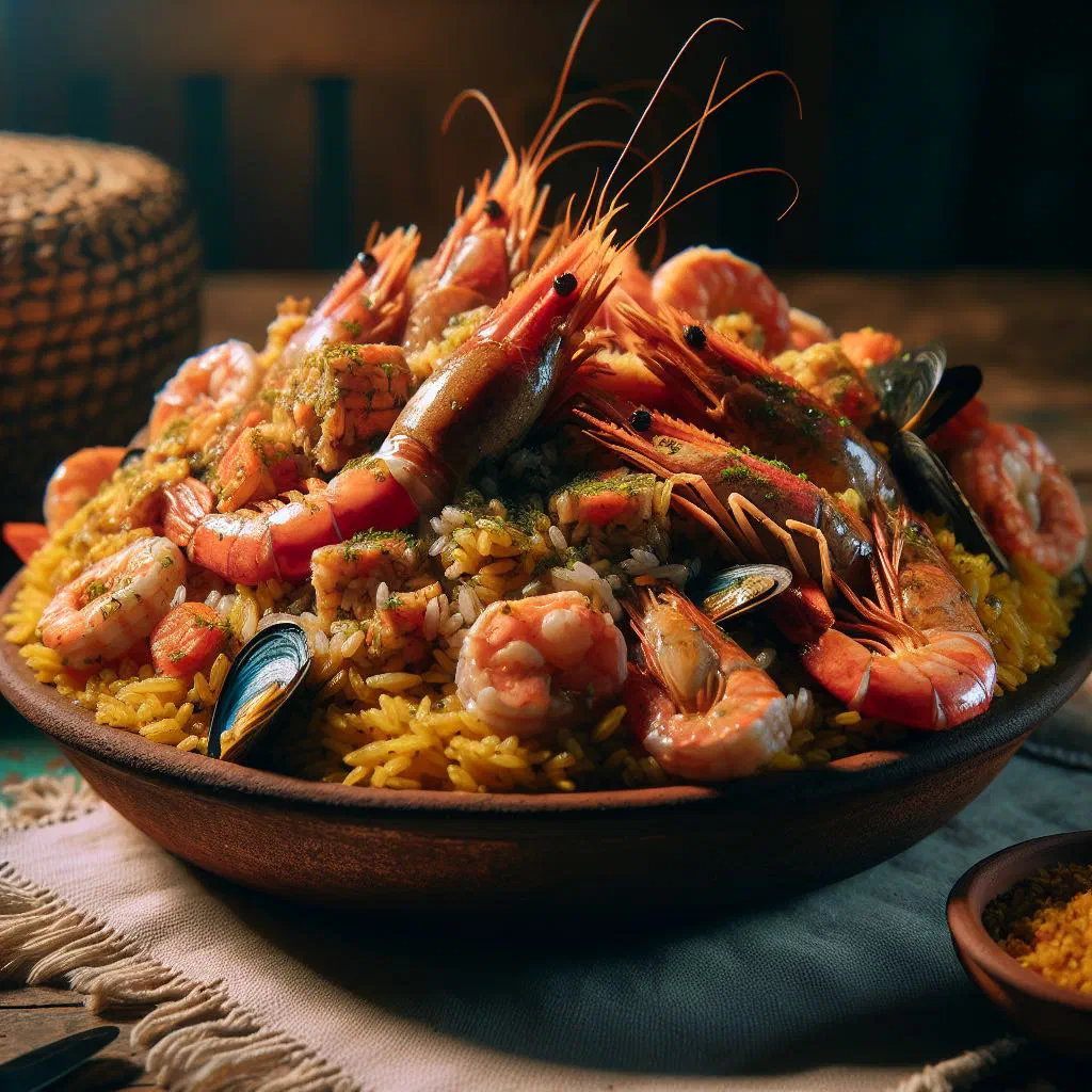 Arroz con mariscos with prawns, mussels and squid over saffron-tinged rice, garnished with parsley
