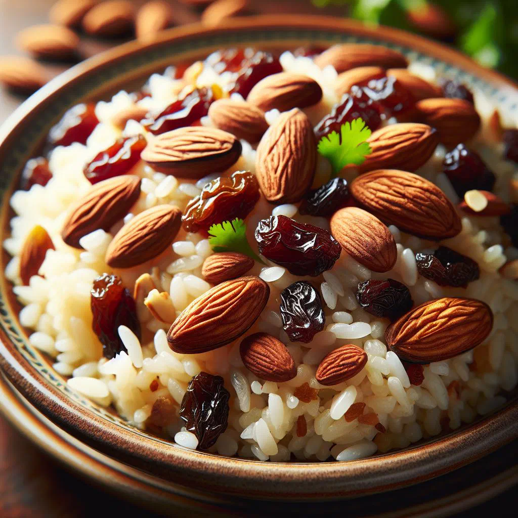 Fluffy rice studded with golden raisins and toasted flaked almonds
