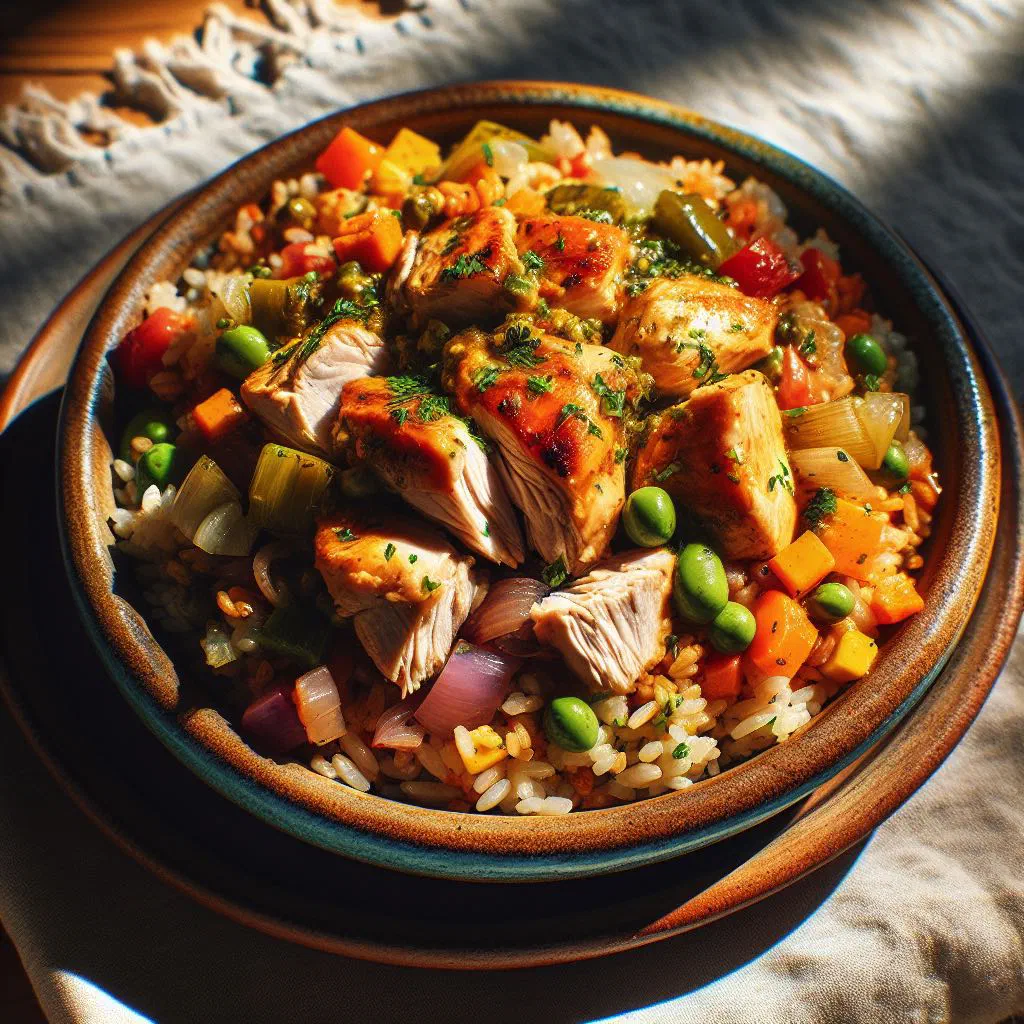 Arroz con pollo with tender chicken, rice and vegetables garnished with parsley