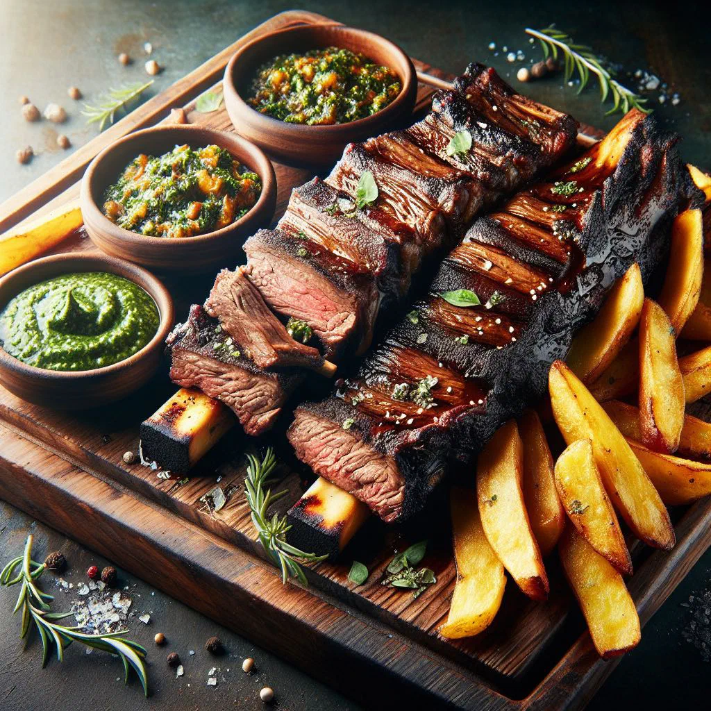 Grilled Uruguayan asado de tira beef short ribs cooked over an open fire