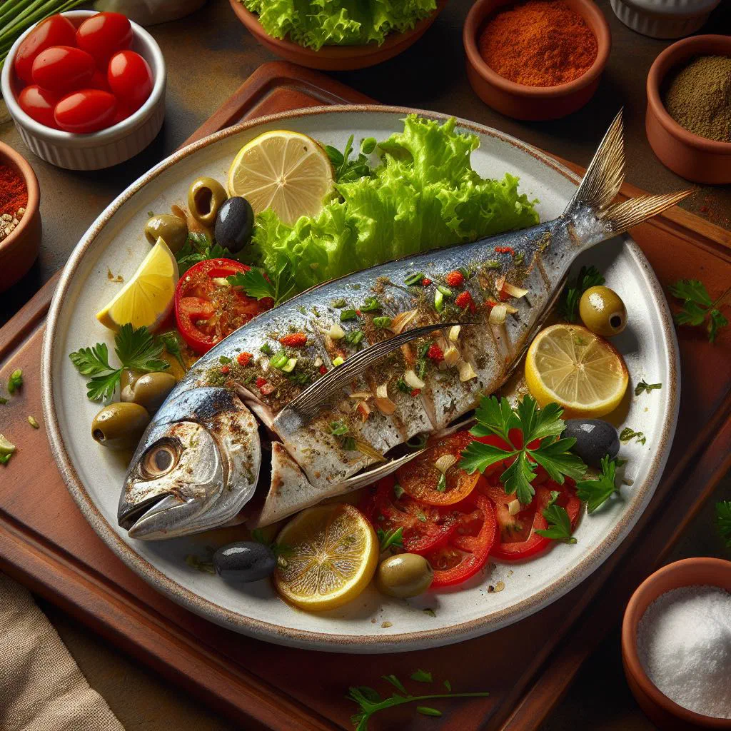 Oven-baked pejerrey fillets with herbs and lemon slices on a platter