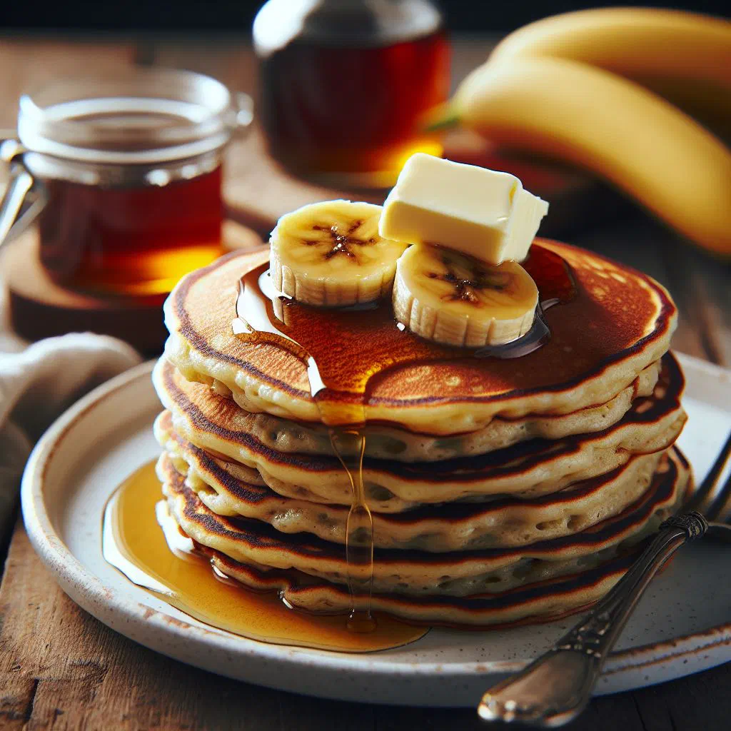A stack of golden banana pancakes topped with fresh fruit and honey