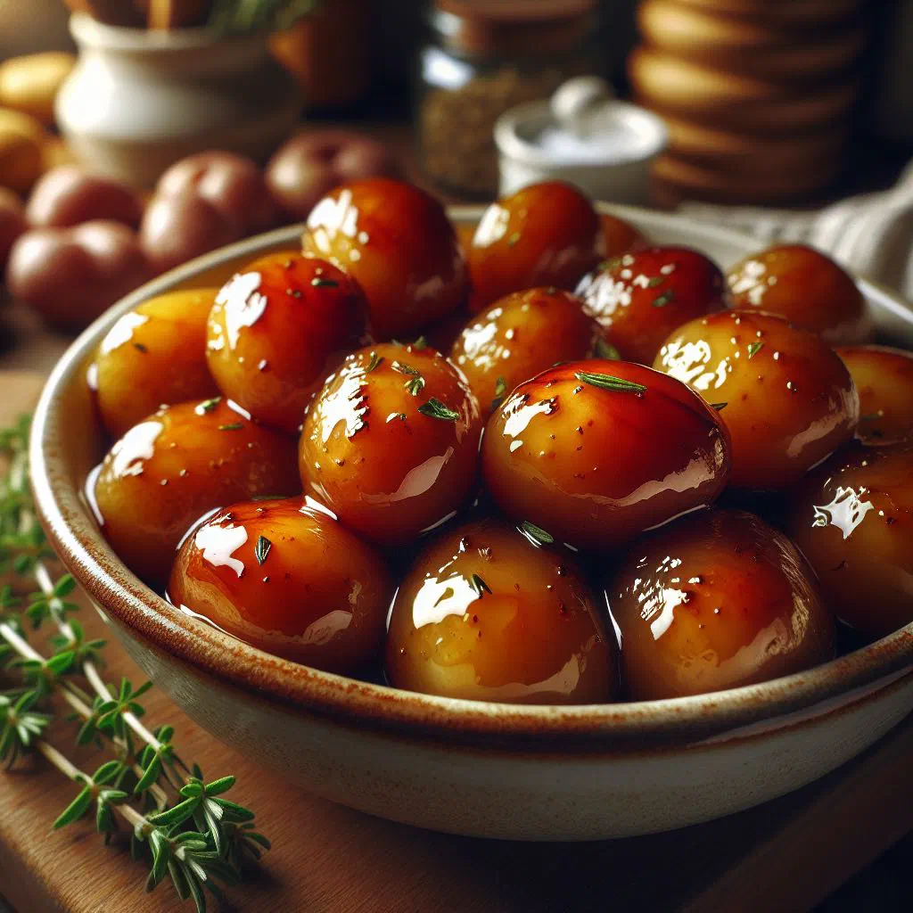 Glazed sweet potato pieces with a glossy cinnamon and honey coating