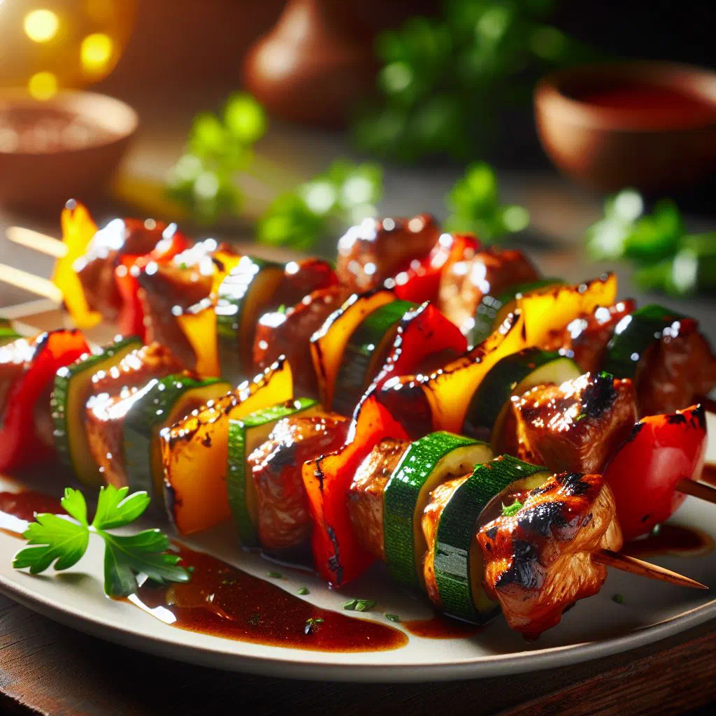 Grilled beef and vegetable skewers with peppers, courgette and onion