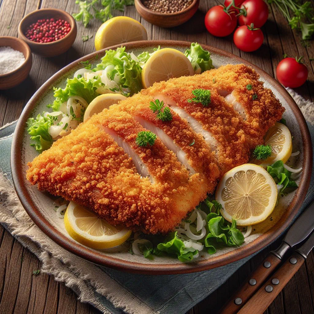 Golden breaded fish milanesa served with lemon wedges and salad