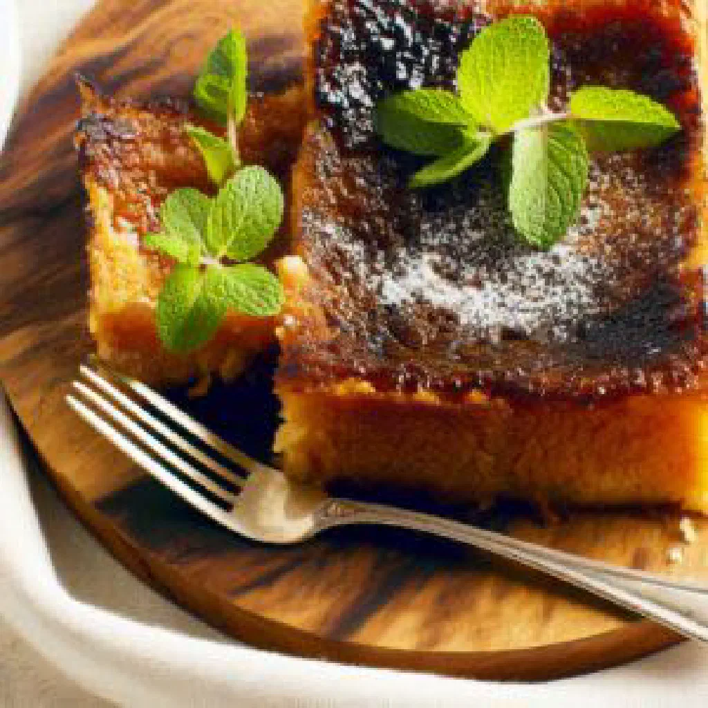 A golden slice of Budín de Pan bread pudding dusted with cinnamon