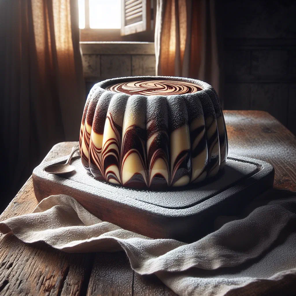 Slice of Uruguayan budín marmolado showing swirls of chocolate and vanilla sponge