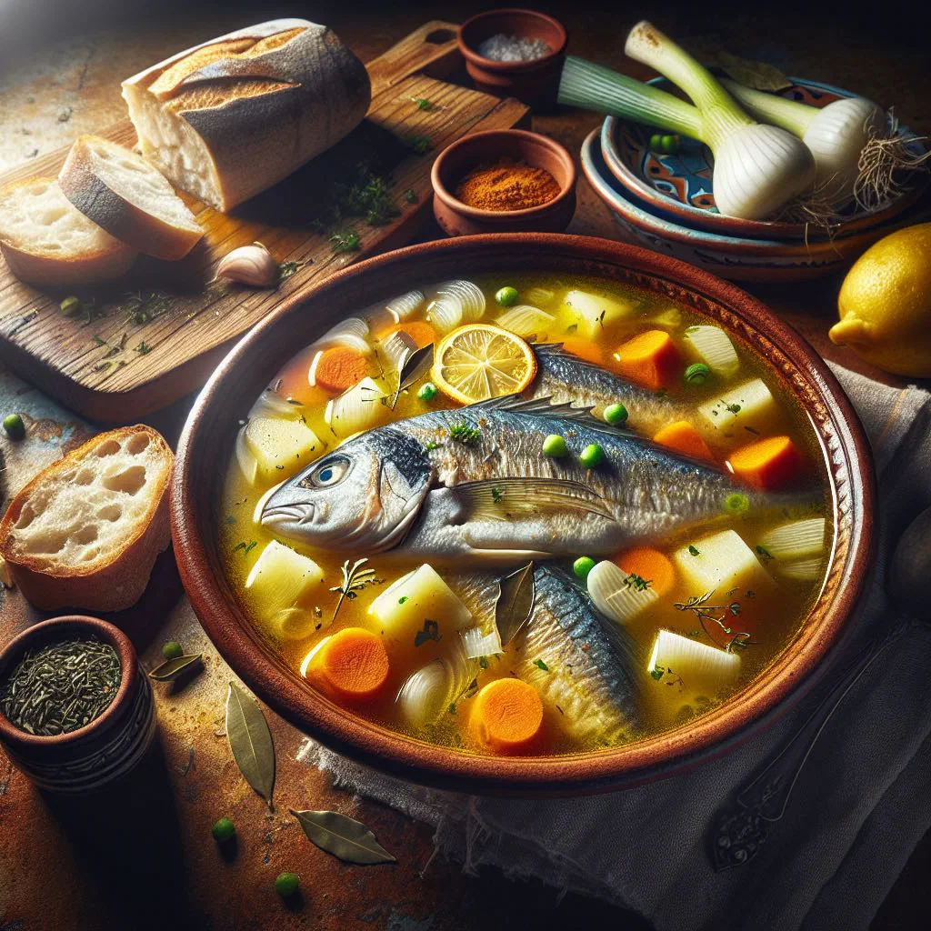A steaming bowl of Uruguayan fish soup with white fish, prawns and vegetables garnished with parsley