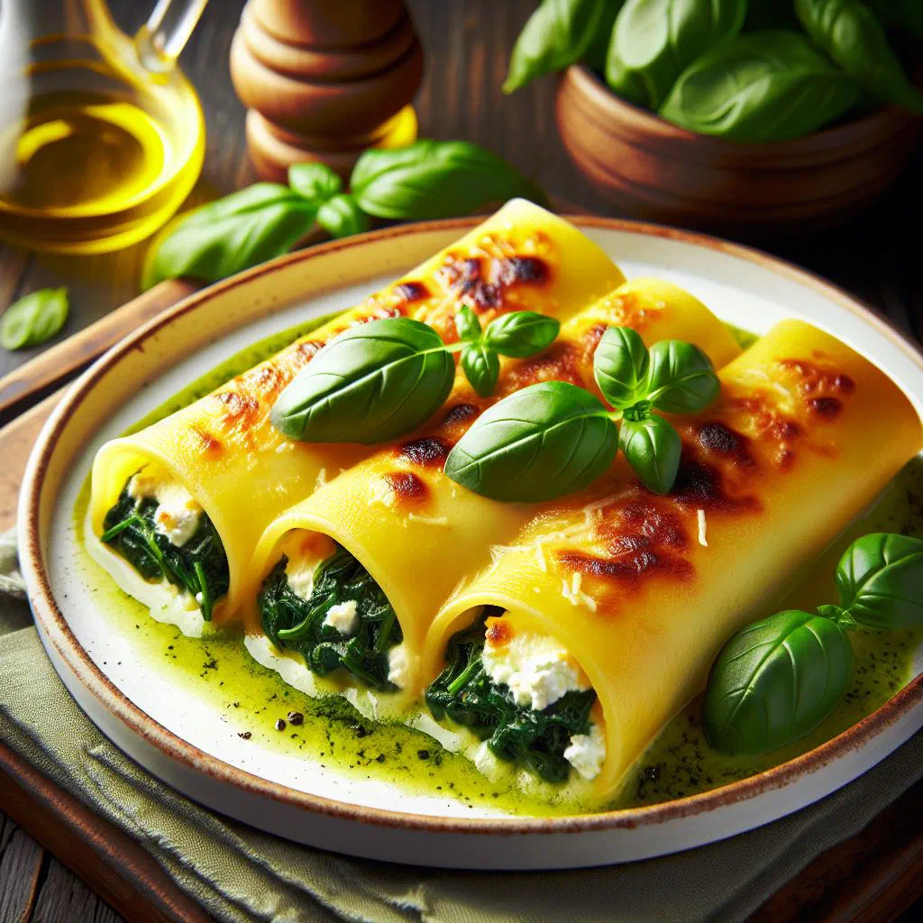 Baked spinach and ricotta cannelloni in tomato sauce topped with melted cheese