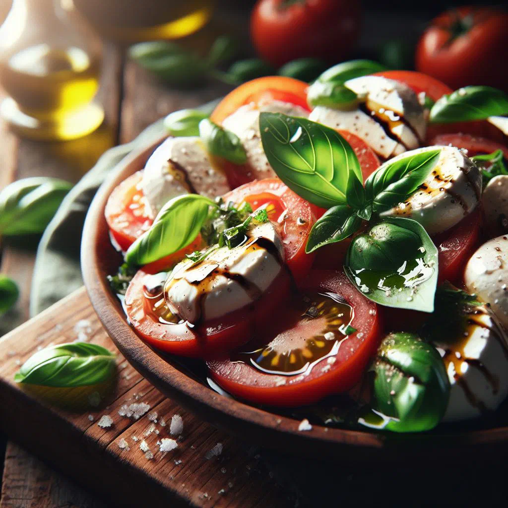 Caprese salad with sliced tomatoes, mozzarella and fresh basil drizzled with olive oil
