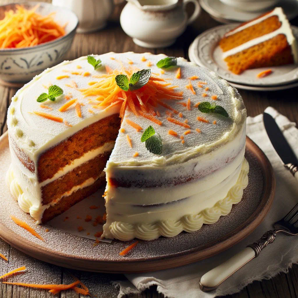 Moist Uruguayan carrot cake dusted and ready to serve