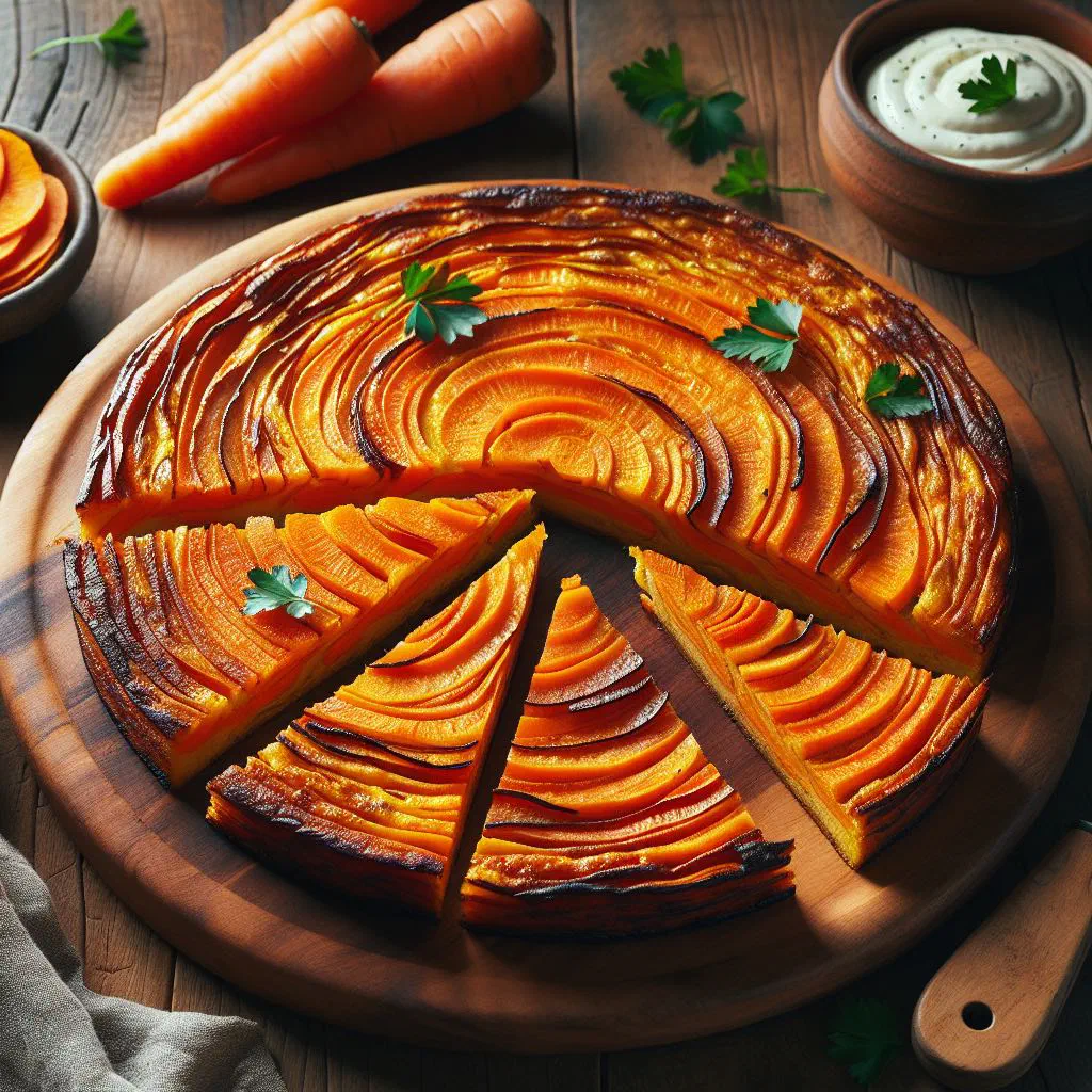 Golden carrot tortilla served on a plate with fresh herbs