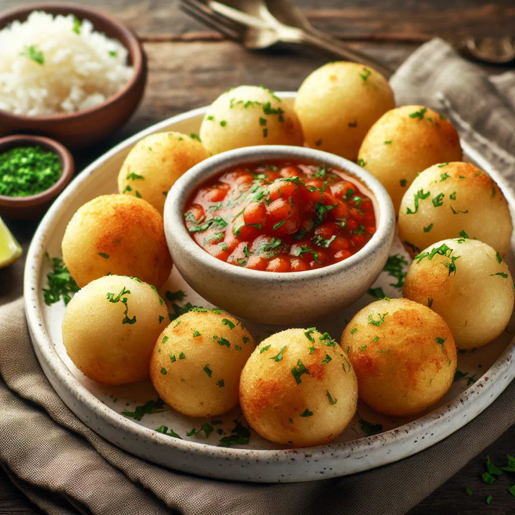Golden fried cassava balls served on a plate