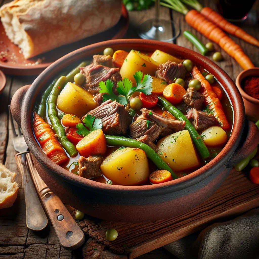 Hearty Uruguayan lamb stew with carrots, potatoes and peppers in a clay pot