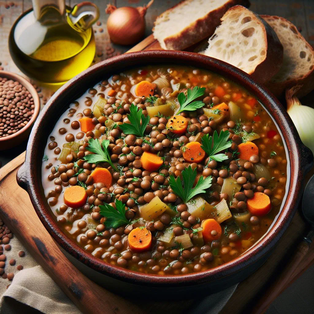 Bowl of Uruguayan lentil stew with carrots and potatoes