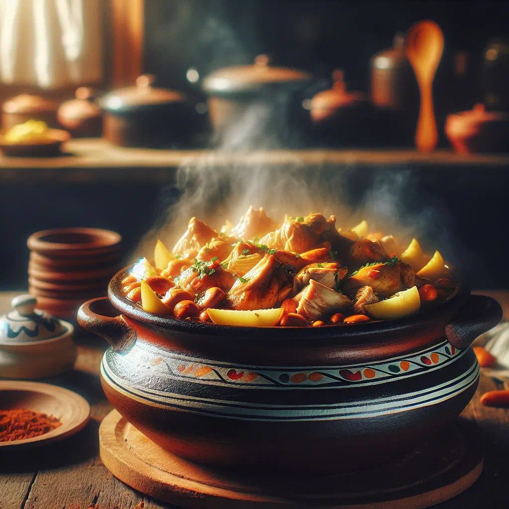 Hearty Uruguayan chicken stew with vegetables in a rustic pot