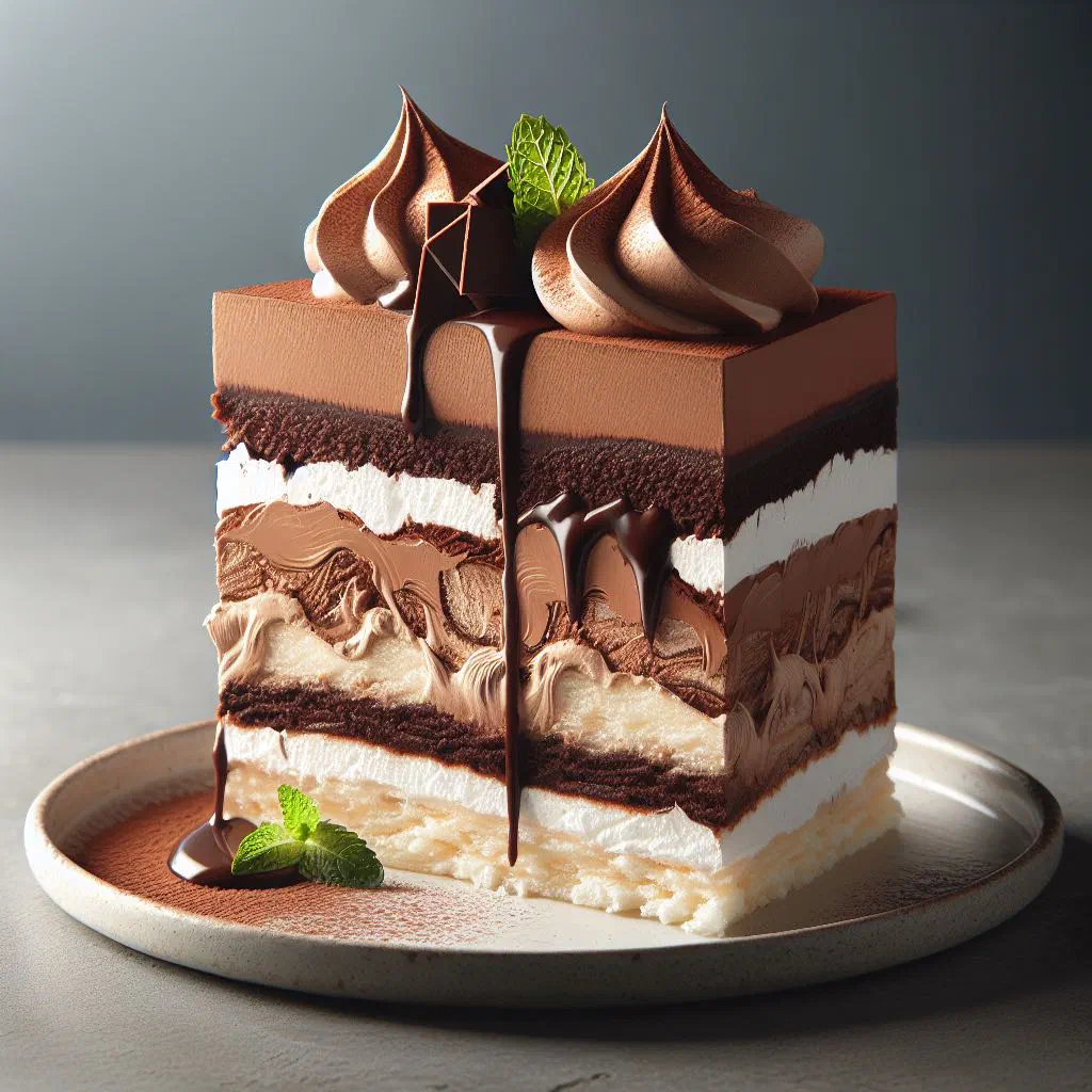 Layered chajá de chocolate dessert with sponge, whipped cream and fresh fruit