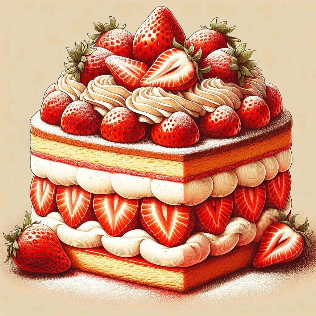 Chajá de frutilla layered meringue cake topped with whipped cream and fresh strawberries