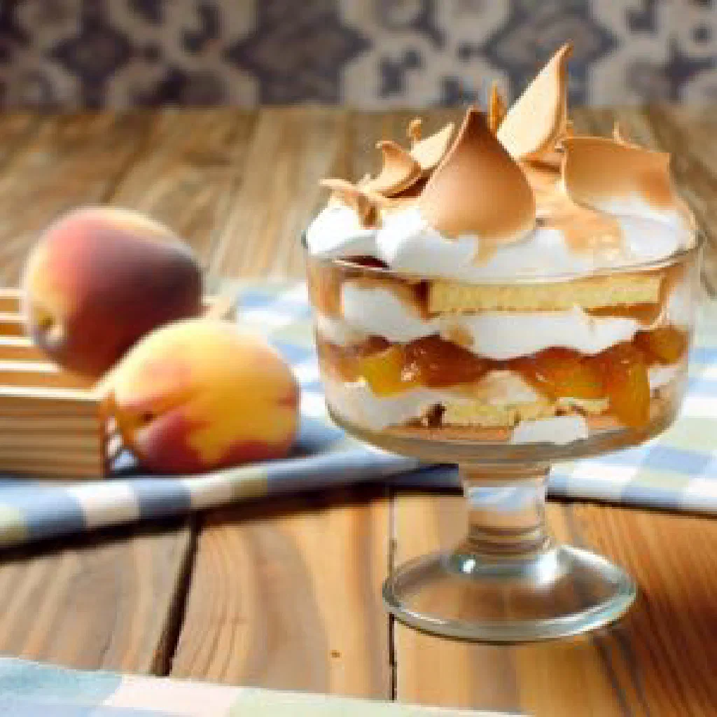 Layered Chajá dessert with sponge, meringue, whipped cream and peaches