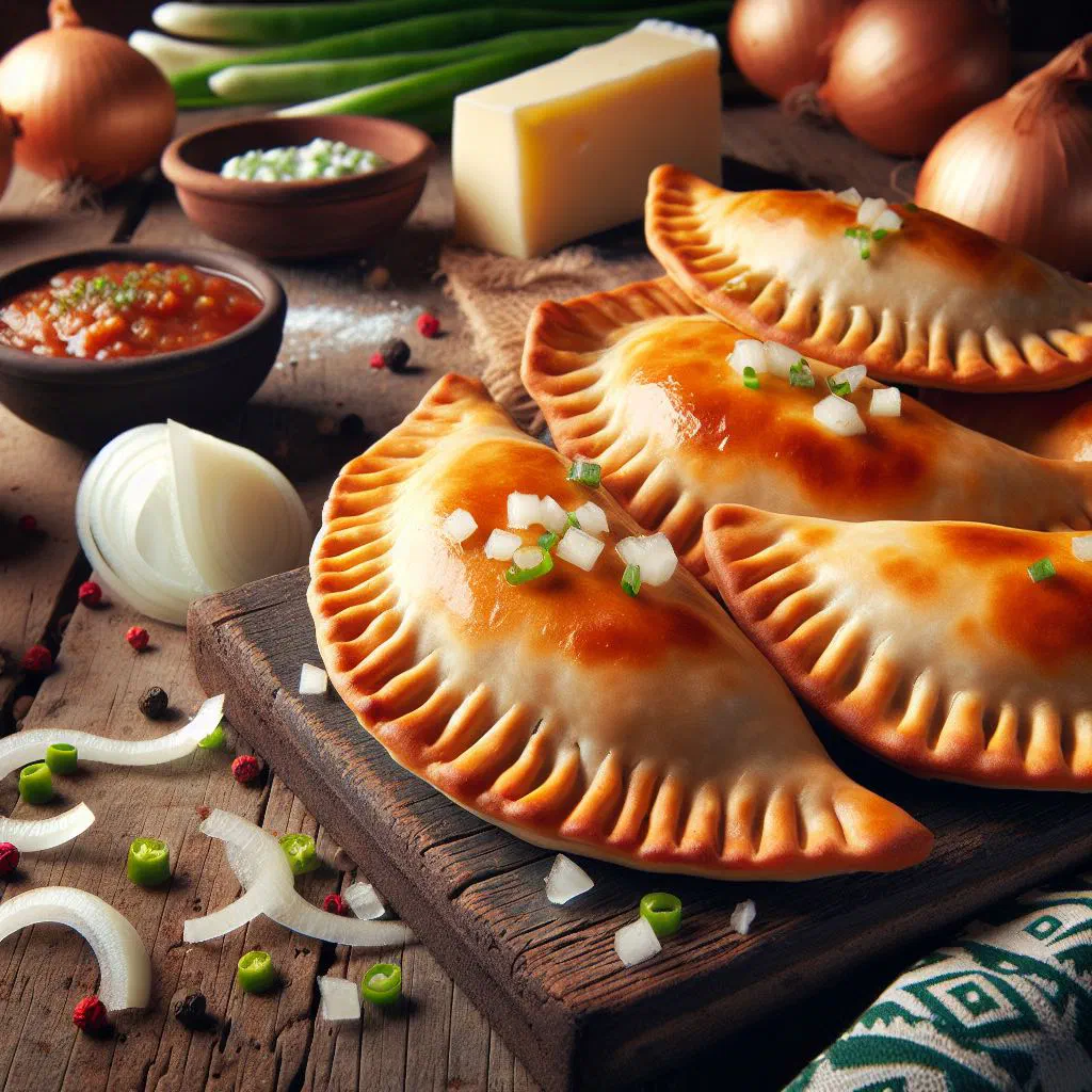 Golden baked cheese and onion empanadas on a plate