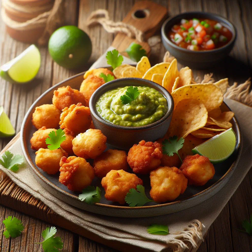 Golden deep-fried Uruguayan chicken bites on a serving plate