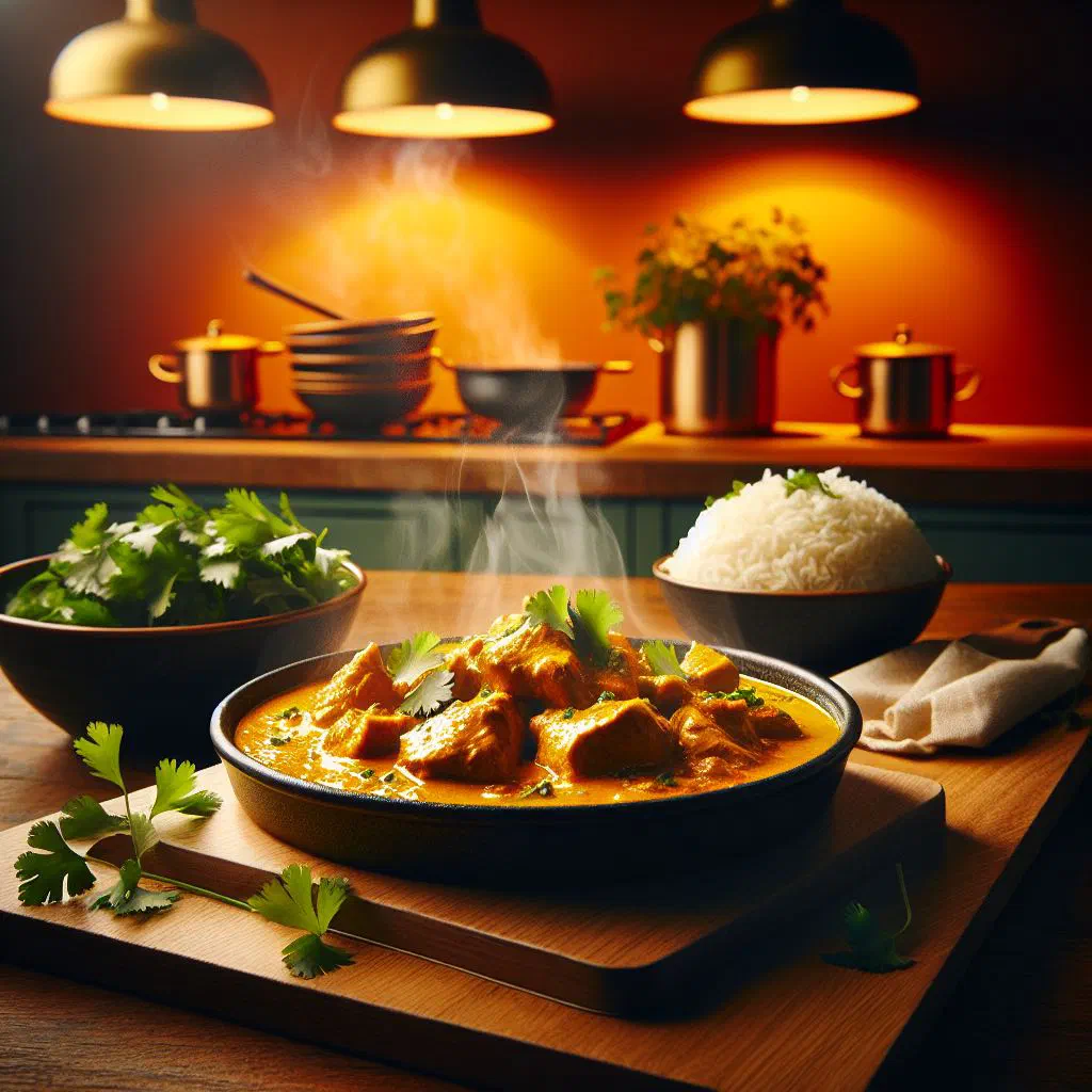 Tender chicken pieces in a creamy curry sauce garnished with fresh herbs