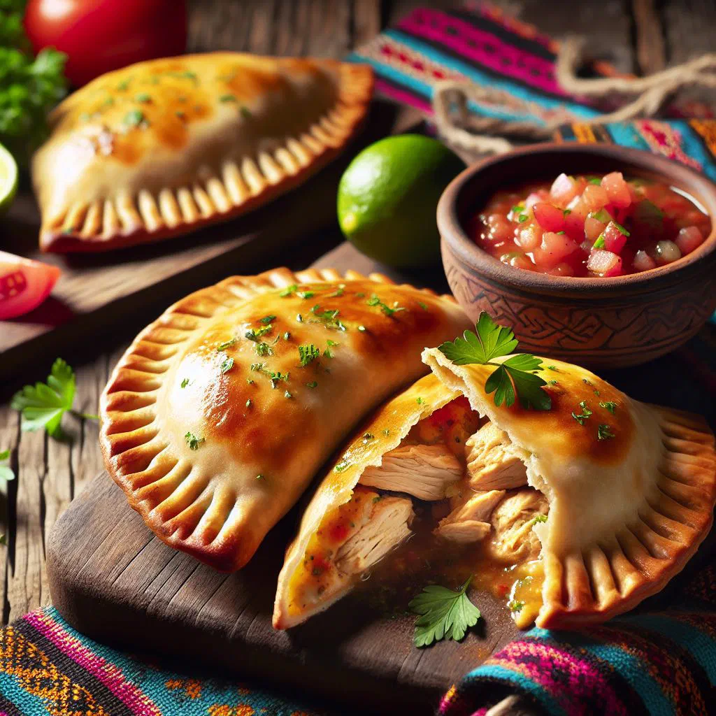 Golden baked chicken empanadas on a serving plate