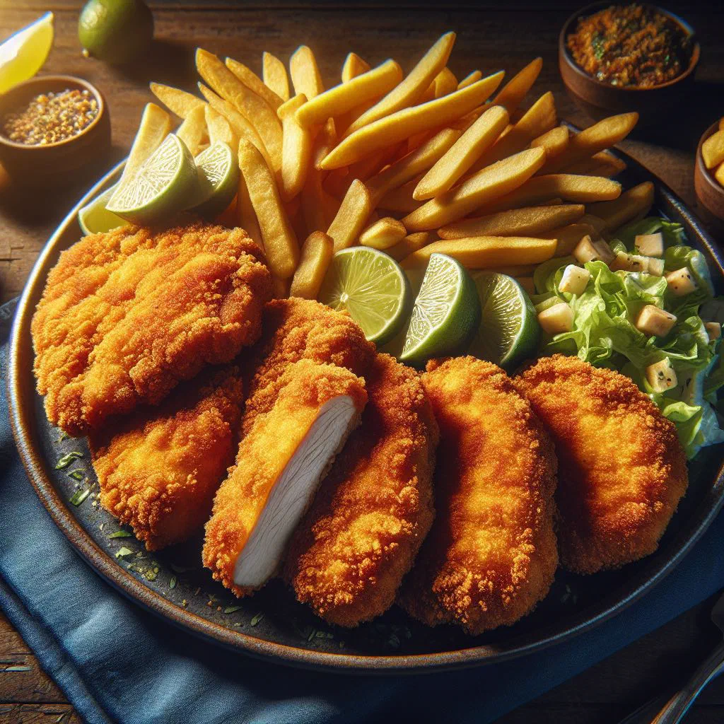 Golden, crispy breaded chicken milanesa served on a plate