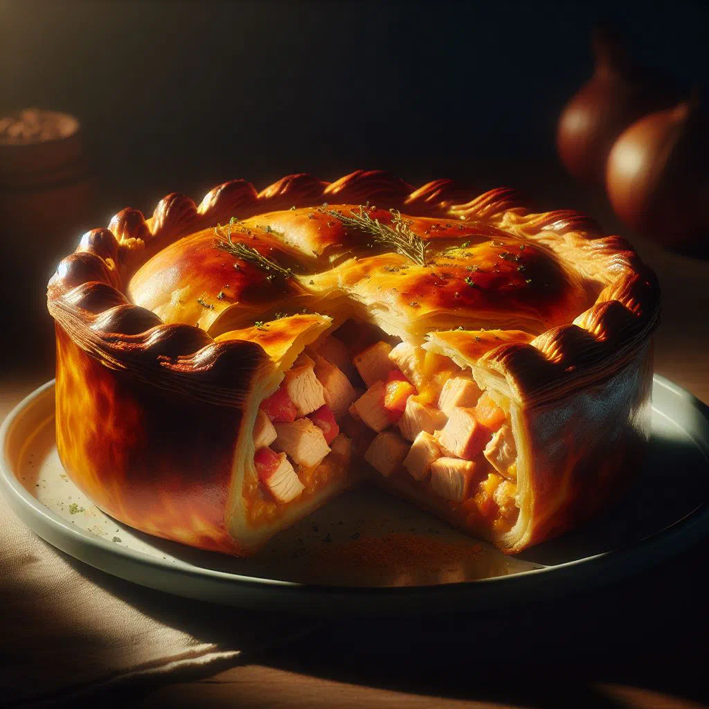 Golden baked Uruguayan chicken pie with flaky puff pastry