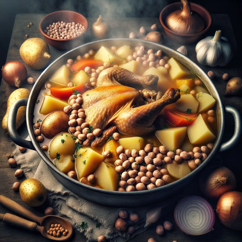 Chicken puchero stew with potatoes and carrots in a deep bowl